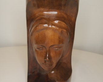 Large heavy hand carved Mary in wood sculpture, 12" x 4.5".  Beautiful lady.