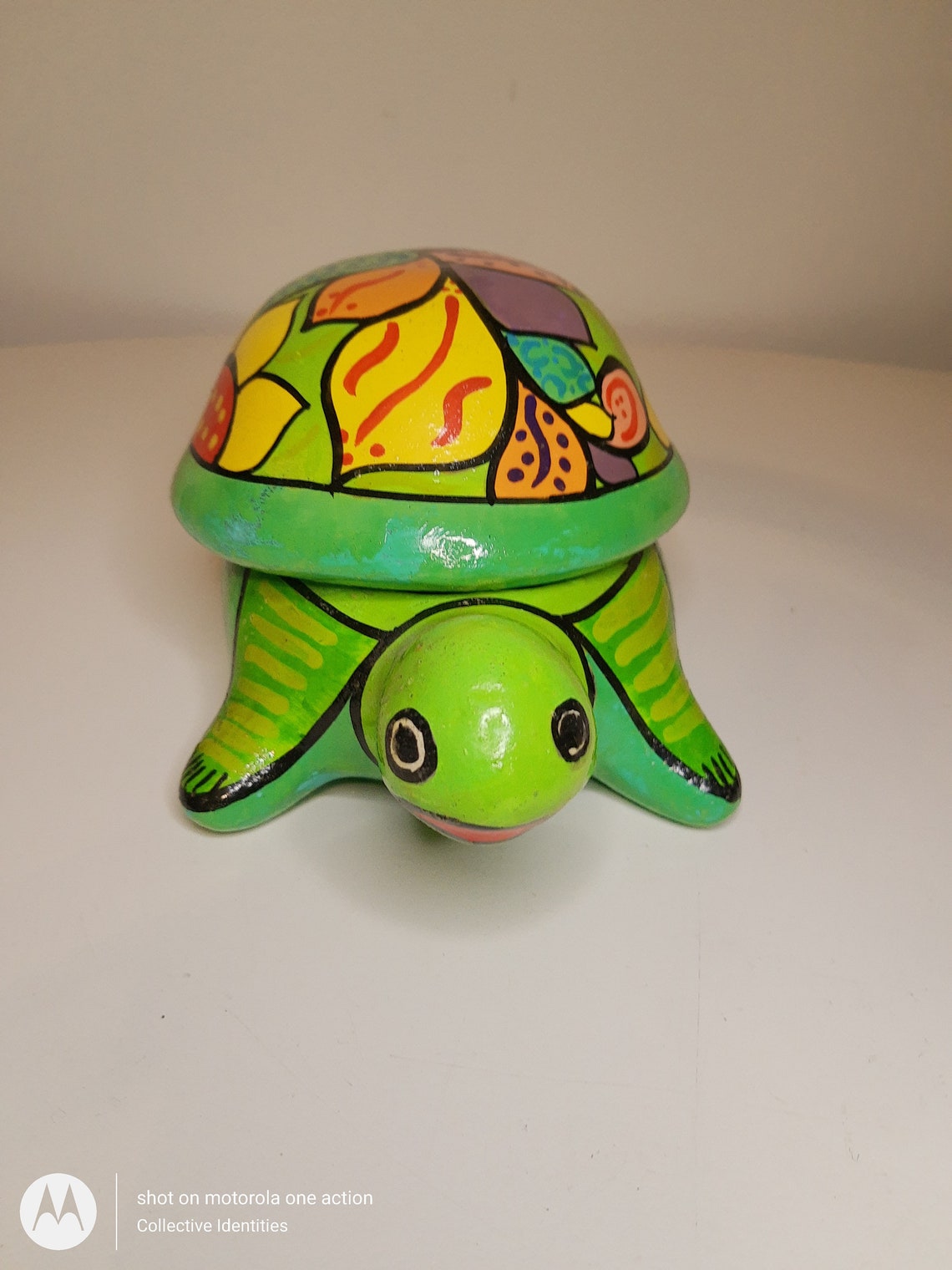 Hand painted folk art ceramic turtle with removable shell for Etsy