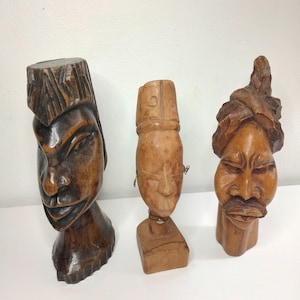 3 Vintage African Carved Wooden Head Bust Sculptures. 4&quot; x 8&quot; 3&quot; x 7.5&quot; 2.5&quot; x 6.5&quot;