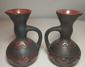 Pair of Clay Vintage Decorative Russian Studio Pottery Small Ewer Pitcher Zig-Zag Dark Bronze Folk art. 3.5 quot x 5 quot