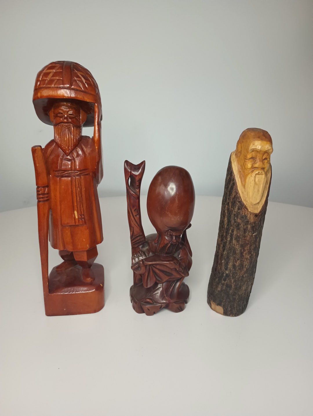 3 Vintage Hand Carved Wooden Chinese Figurines, 2.5 X 11 3 X 7 2 X 8.5