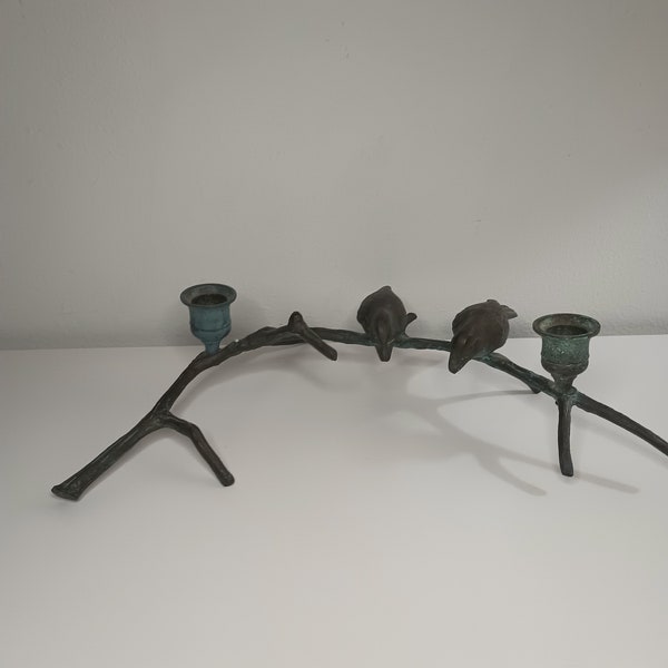 Vintage Bronze Metal Verdigris Candlesticks Crows Birds on Branch Double Candle Holders.  13" x 8.5" x 3"