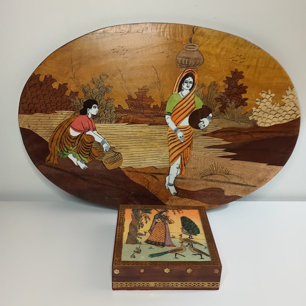 Vintage Hand Made Indian Ladies Oval Wooden Wall Hang and Ragini Gemstone Trinket Box. 17" x 12" 5" x 6"