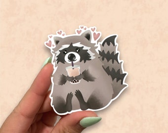 Cute Raccoon Drinking Bubble Tea Vinyl Sticker | Die Cut Matte Sticker