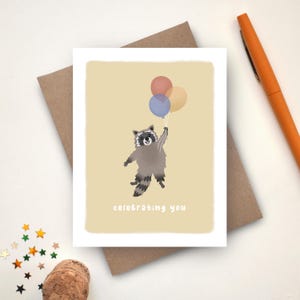Cute Raccoon Birthday Card | Raccoon Balloons Birthday Card