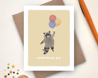 Cute Raccoon Birthday Card | Raccoon Balloons Birthday Card