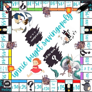 Puede incluir: Un juego de mesa colorido con un fondo blanco y un título azul, verde y blanco que dice "Unnie Buget Savingopoly". El tablero del juego presenta imágenes de la película animada "Mi vecino Totoro" y otras películas de Studio Ghibli. El tablero del juego incluye espacios para que los jugadores aterricen, como "Cofre comunitario", "Impuesto sobre la renta" y "Impuesto de lujo".