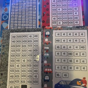 May include: Four colorful cards with different car-related savings offers. Each card has a different theme: Car Deductible, Car Tires, Car Maintenance, and Oil Change. Each card has a grid of squares with dollar amounts in each square. The cards are designed with a cartoon car theme.