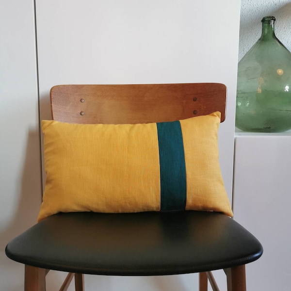 Housse de coussin en lin "Trio" jaune - vert émeraude