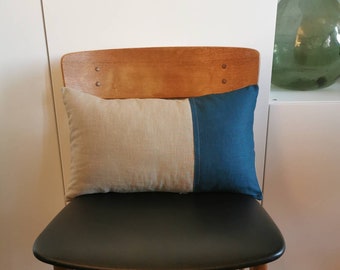 Cushion cover in two-tone linen beige taupe and petrol blue