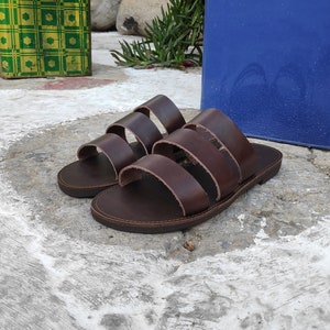 Men Leather Sandals, Three Strap Mens Slide Brown Sandal, Greek Sandals, Handmade Sandals, Mens Slide, Men Sandals, Quality Genuine Leather