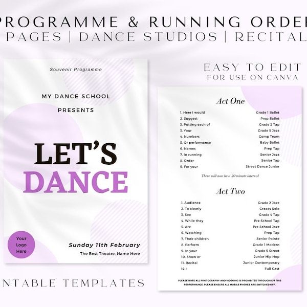 Dance Show Programme Template | Recital Program | Event Running Order | Editable Dance Programme | Performance | Dance Studio | Layout