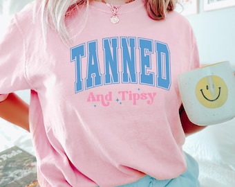 Tanned And Tipsy Shirt, Comfort Colors, Beach Vacation Shirt, Summer Drinking Shirt, Retro Coastal Summer Graphic Shirt, 175977