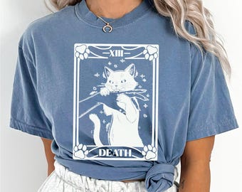 Comfort Colors Death Cat Shirt, Retro Death Cat Graphic Tee, Trendy Custom Print Top, Cute Casual Apparel, 175979