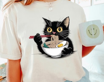 Comfort Colors Ramen Cat Shirt, Retro Ramen Cat Graphic Tee, Trendy Custom Print Top, Cute Casual Apparel, 175833