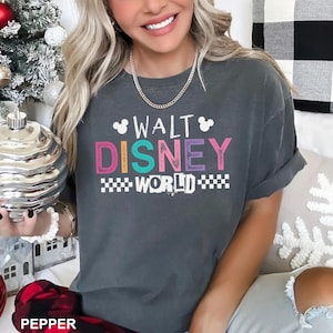 May include: A charcoal gray short-sleeve t-shirt featuring the text WALT DISNEY WORLD in a multi-colored, distressed font. The design includes two small white Mickey Mouse head silhouettes and a checkered pattern flanking the word WORLD.