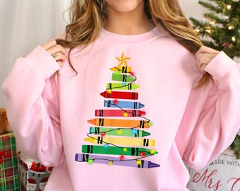Christmas Tree of Crayons Sweatshirt, Cozy Christmas Sweatshirt, School Christmas Sweatshirt, Teacher Christmas Sweatshirt, 170401