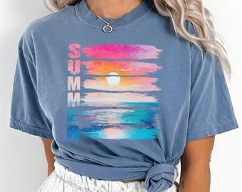 Summer Vibes Sunset Shirt, Comfort Colors Shirt, Tropical Beach Oil Painting Shirt, Bright Vacation Shirt, Ocean Sunset Tee, 173299