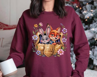 Floral Zootopia Police Badge Sweatshirt, Judy Hopps Sweatshirt, Nick Wilde Sweatshirt, Zootopia Hoodie, Zootopia Police Crewneck, 173858