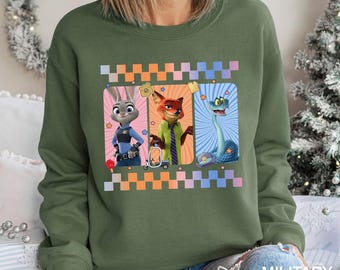 Checkered Disney Zootopia 2 Sweatshirt, Judy Hopps Nick Wilde Gary De'Snake Hoodie, Disneyland Zootopia Crewneck, 174500