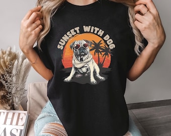 Sunset With Dog Summer Shirt, Comfort Colors, Beach Sunset Tee, Tropical Puppy Graphic Shirt, Summer Vacation Dog Lover Shirt, 175969