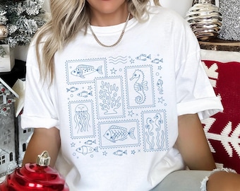 Simple Ocean Animals Shirt, Retro Simple Ocean Animals Graphic Tee, Comfort Colors Trendy Custom Print Top, 175956