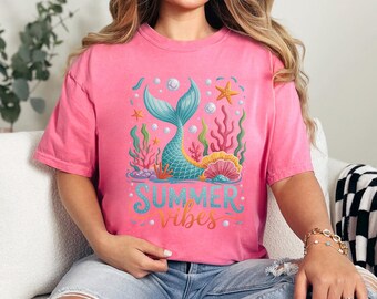 Summer Vibes Mermaid Tail Shirt, Comfort Colors, Under the Sea Ocean Tee, Beach Vacation Shirt, Cute Mermaid Graphic Tee, 175223