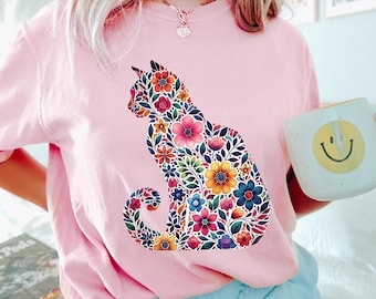 Floral Cat Shirt, Comfort Colors, Cute Cat Tee, Boho Cat Lover Gift, Botanical Kitty Tee, Aesthetic Cat Mom Shirt, Flower Cat Tee, 174797