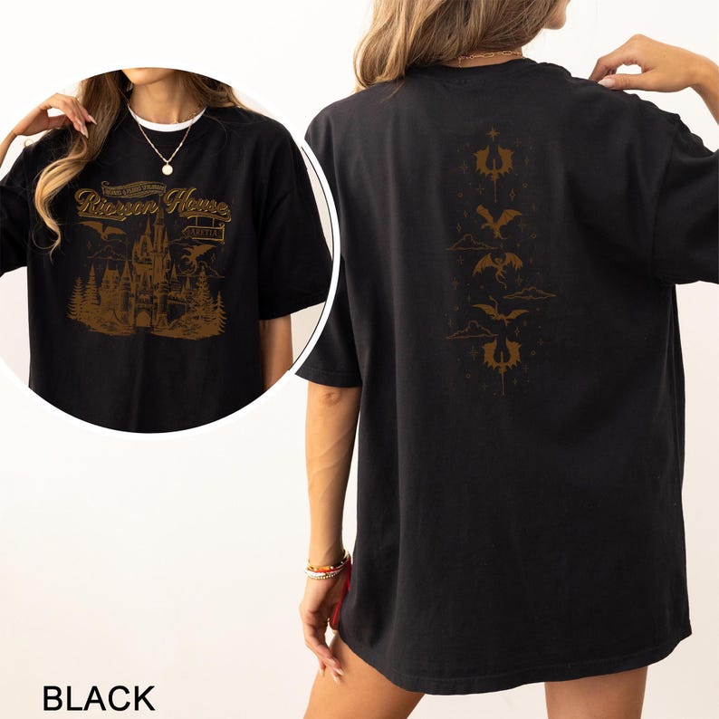 May include: Black t-shirt with a gold graphic on the front featuring a castle, trees, and the text "Riccon House". The back of the shirt has a gold design of dragons and clouds. The word "BLACK" is at the bottom of the image.