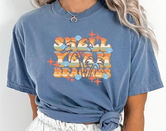 Shell Yeah Beaches Shirt, Comfort Colors, Groovy Seashell Summer Tee, Retro Coastal Vacation Shirt, Beach Lover Graphic Tee, 175882