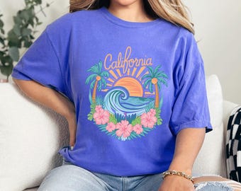California Beach Sunset Shirt, Comfort Colors, Tropical Palm Tree Tee, Coastal Vacation Ocean Wave Floral Tee, Summer Beach Shirt, 175362