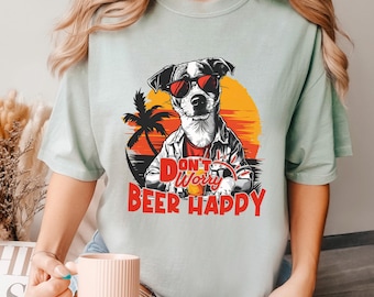 Don’t Worry Beer Happy Dog Shirt, Comfort Colors, Summer Sunset Beach Shirt, Funny Vacation Pup Lover Graphic Shirt, 175475
