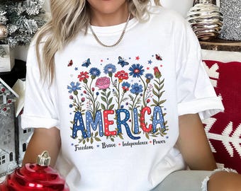 Floral American Flag Shirt, Comfort Colors, 4th Of July Women Shirt, Patriotic Independence Day Shirt, Fourth Of July USA Shirt, 175553