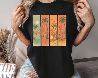 Retro Flamingo Beach Sunset Shirt, Comfort Colors, Tropical Summer Flamingo Shirt, Vintage Sunset Beach Shirt, Coastal Vacation Tee, 175418