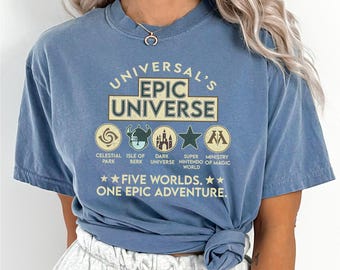Chemise Universal Epic Universe, t-shirt Five Worlds One Epic Adventure, chemise parc à thème, couleurs confort cadeau pour la famille Universal Studios, 173421