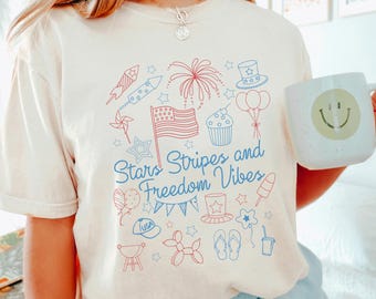 Comfort Colors 4Th Of July Stars Stripes And Freedom Vibes Shirt, Retro 4Th Of July Stars Stripes And Freedom Vibes Graphic Tee, 175936