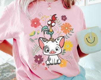 Retro 70s Pua And Hei Hei Floral Shirt, Comfort Colors Shirt, Disney Moana Shirt, Disney Trip Tee, Cute Birthday Gift, Disney Friends,172365