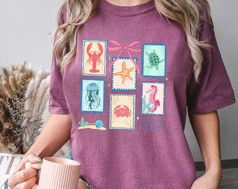 Comfort Colors Sea Animals Coquette Shirt, Retro Sea Animals Coquette Graphic Tee, Trendy Custom Print Top, Cute Casual Apparel, 176023
