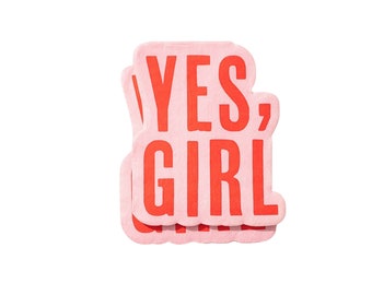 Yes Girl Beverage Napkins - Pink Shaped Cocktail Napkins with Bold Red Lettering