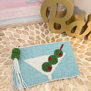 Cartera de mano con cuentas Martini / Bolso de cóctel de doble cara / Bolso de noche con cuentas de lunares / Cartera para teléfono móvil de 18 x 13 cm / Martini verde oliva