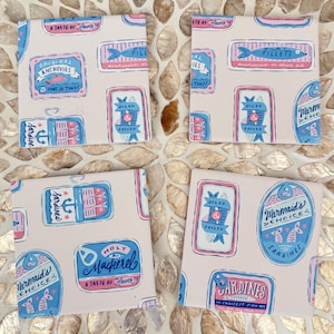 Retro Fish Tin Ceramic Coasters: Nautical Kitchen Decor, Set of 4