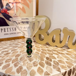 Olive Martini Glass – Vintage-Inspired Barware, Cocktail Glass with Stacked Olive Stem, Kitsch Home Decor, Unique Gift for Martini Lover