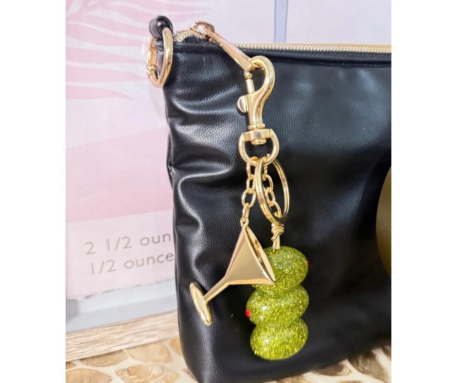 Sparkling Martini Olive Keychain Charm: Cocktail Lover's Bag Accessory