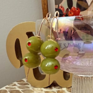 Martini Olive Earrings – Glass Stone Dangle Earrings, Cocktail Inspired Jewelry, Gold Wire Statement Earrings