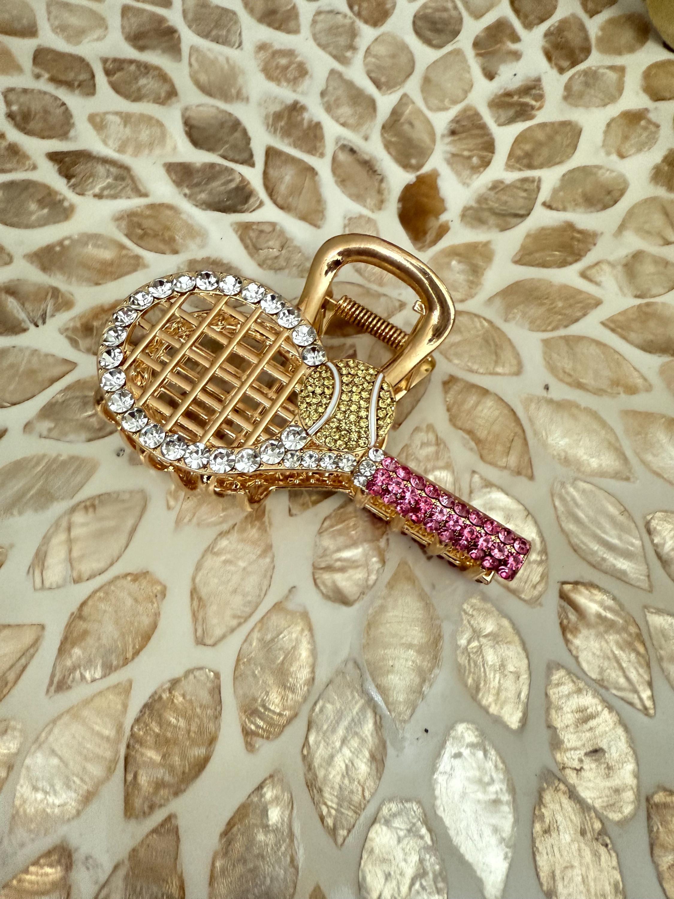 Tennis Racket Hair Clip | Rhinestone Tennis Ball Barrette | Sparkly Sports Hair Accessory | Gift for Tennis Lover | Bling Claw Clip