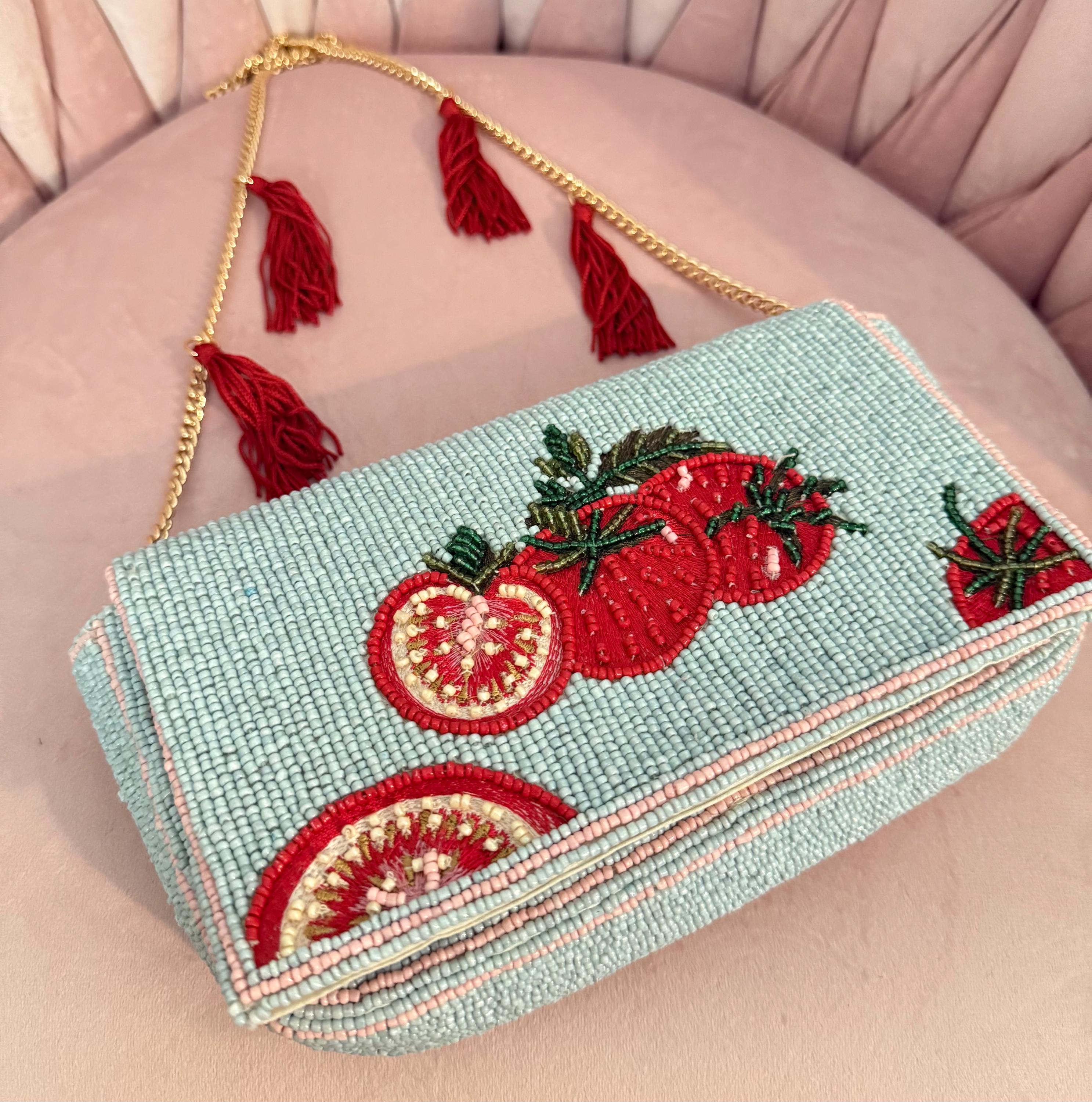 Hand Beaded Tomato Inspired Crossbody | Boho Beaded Evening Bag