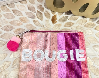 Hand-Beaded Pink Coin Purse: 'Bougie' Cotton Zipper Pouch