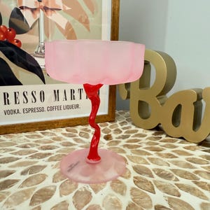 Whimsical Martini Coupe Glass – Pink Frosted Glass with Twisted Red Stem | Colorful Cocktail Glass | Unique Barware Gift | Retro Drinkware