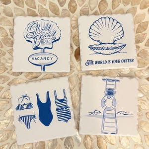 Set of 4 Coastal Ceramic Coasters - Beach Theme Decor, Nautical Drinkware, Beach Barware