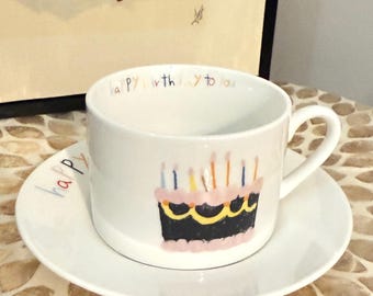 Charming Happy Birthday Espresso Style Cup & Saucer 2 Piece Set – Porcelain Small Mug with Cake Design – Cute Birthday Coffee Gift